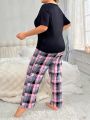Plus Size Grid Heart & Slogan Pattern Short Sleeve T-Shirt And Long Pants Casual Pajamas Set