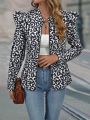 SHEIN LUNE Women's Leopard Print Ruffle Decoration Zipper Jacket