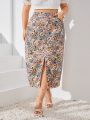 SHEIN LUNE Plus Size Floral Print Front Split Denim Skirt