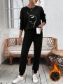 SHEIN Essnce Women'S Fleece Lined Sweatshirt And Pants Set With Character Design