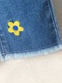 Baby Girls' Basic Cute & Casual Elastic Waistband Denim Jeans With Colorful Flower Embroidery