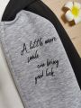 SHEIN Kids Cooltwn Girls' Street Trendy Sports Knitted Contrasting Slogan Printed Raglan Sleeve Hooded Sweatshirt