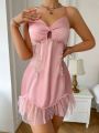 Women's Mesh Patchwork Nightgown With Flower Decorated Straps