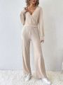 SHEIN Frenchy Solid Color V-neck Casual Two Piece Set