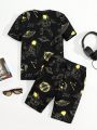 SHEIN Two-Piece Set Of Leisure Astronaut Interstellar Print Round Neck Pullover And Shorts For Tween Boys, Tight-Fitting Home Clothes