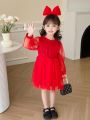 Little Girl'S Red Polka-Dot Long-Sleeved Mesh Dress