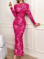 SHEIN Privé Rose Printed Irregular Off Shoulder Slim Fit Mermaid Dress