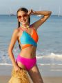 Teen Girls' Color Block Crisscross Design Bikini Swimsuit Set