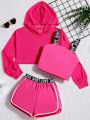 SHEIN Kids HYPEME 3pcs/Set Tween Girls' Fashionable Knitted Hoodie, Tank Top And Shorts Outfit For Sports/Street Style