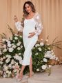 SHEIN Maternity Long Sleeve Dress With Transparent Design And Floral Embellishment