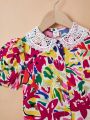 SHEIN Kids QTFun Little Girls' Woven Printed Patchwork Lace Doll Collar Casual Shirt