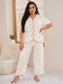 Plus Size Comfortable Loose Fit Floral Print Colorblock Pajama Set With Contrast Trim