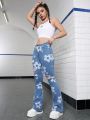 SHEIN Teenage Girls' Floral Printed Youthful Academy Water Washed Casual Bell-Bottom Jeans