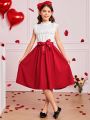 SHEIN Kids CHARMNG Tween Girls' Ruffle Stand Collar, Hem, Drop Shoulder Decor Contrast Color Dress With Lace Detail