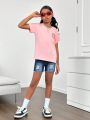 SHEIN Tween Girls' Washed Casual Fashionable Denim Shorts With Stretch