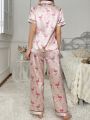 Silk-Like Flamingo & Heart Print Collared Pajama Set