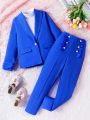Tween Girl Shawl Collar Blazer & Double Breasted Pants Without Sweater