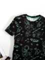 SHEIN Boys' Casual Street Style Astronaut Theme Short Sleeve Tee And Shorts Pajamas Set With Glow-In-The-Dark Print