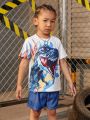 SHEIN Kids Cooltwn Toddler Boys' Stylish Comfortable Dinosaur Printed T-Shirt And Shorts Set, Casual