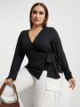 SHEIN Essnce Plus Size V-neck Wrapped Knotted Long Sleeve T-shirt