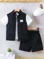SHEIN Kids Cooltwn 3pcs/Set Young Boys' Black Letter Embellished Cargo Vest & Loose Fit Round Neck Sleeveless Top & Shorts + White Meld T-Shirts Summer Casual School Outfits