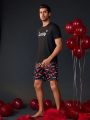 Men'S Love Heart Printed Short Sleeve T-Shirt And Shorts Homewear Set