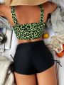 Leopard Print Drawstring Side Shorts Bikini Swimsuit