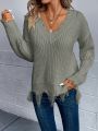 Women's Slouchy Long Sleeve Distressed Hem Sweater