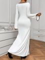 SHEIN Privé Square-neckline With Contrast Trim Detail, High Side Split, Slim Fit Long Sleeve Flared Hem Dress