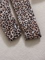 2pcs/Set Teen Girls' Leopard Print Heart Design Short Sleeve T-Shirt And Leggings