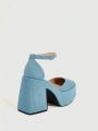 Everyday Collection Women Minimalist Ankle Strap Chunky Heeled Pumps, Denim Ankle Strap Fashion Pumps