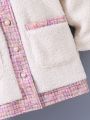 SHEIN Kids EVRYDAY Tween Girl Contrast Plaid Trim Dual Pocket Teddy Coat