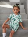 SHEIN Kids Cooltwn Young Girls' Adorable Butterfly Printed Drop Shoulder Top And Shorts Set