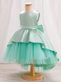 Girls' Mesh Patchwork Puffy Formal Dress With Big Bowknot Decoration On The Back