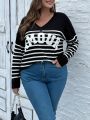 SHEIN LUNE Women's Plus Size V-neck Velvet Letter Striped Sweater