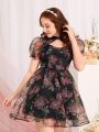 SHEIN Teen Girls Floral Print Cut Out Front Puff Sleeve Organza Overlay Dress