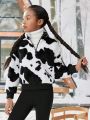 SHEIN Kids Cooltwn Tween Girl Cow Print Half Zip Fuzzy Sweatshirt