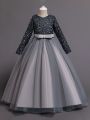Little Girls' Long Sleeve Sequin Patchwork Mesh Vintage Elegant Dress With Big Swing Hem For Formal Occasions
