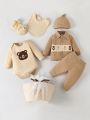 SHEIN Newborn Baby Boys' 8-piece Gift Set With Long-sleeve Bear Print Bodysuits