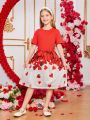 SHEIN Kids EVRYDAY Tween Girls' Casual Valentine's Day Heart Print Patchwork Dress