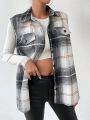SHEIN LUNE Plaid Print Flap Detail Sleeveless Overcoat