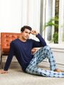 Men'S Solid Color Long Sleeve T-Shirt And Plaid Pants Homewear