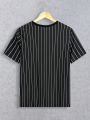 SHEIN Teen Boys' Casual Loose Fit Striped Short Sleeve T-Shirt With Letter Print