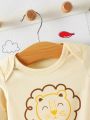 SHEIN Cute Knitted Baby Boy Long Sleeve Romper With Lion & Letter Print, Matched With Striped Pants 2pcs/Set Home Wear