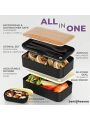 Premium Box Adult Lunch Box with 2 Compartments (40oz), Cutlery & Set of Chopsticks, Large Dip Container, Cute Black Japanese Box, Rectangle, Microwavable (Symph-Onyx)