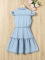 Tween Girls' Casual Vacation Style Light Blue Washed Flying Sleeves Belted Denim Dress