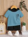 SHEIN Baby Boy Slogan Graphic Colorblock Hooded Tee & Shorts