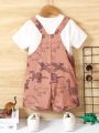 SHEIN Kids SPRTY Toddler Boys' Cute Dinosaur Printed Sleeveless Romper With Shoulder Straps For Spring And Summer
