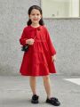 SHEIN Kids Nujoom Little Girls' Vintage Style Loose Fit Round Neck Mid-length Dress