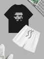 Manfinity LEGND Men'S Plus Size Letter & Character Print Short Sleeve T-Shirt And Shorts Two Piece Set
